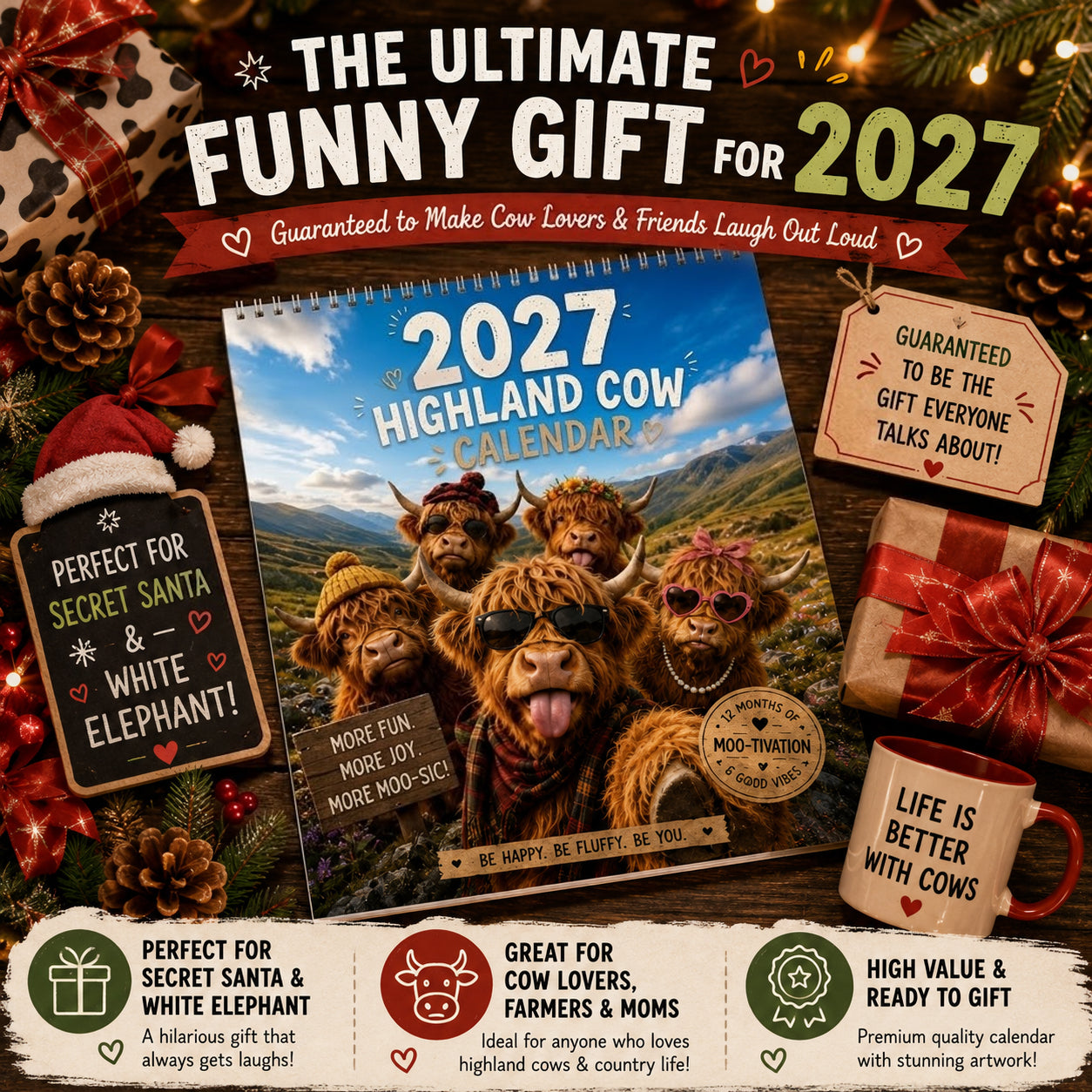 2027 Funny Highland Cow Wall Calendar | A4 Hanging Calendar