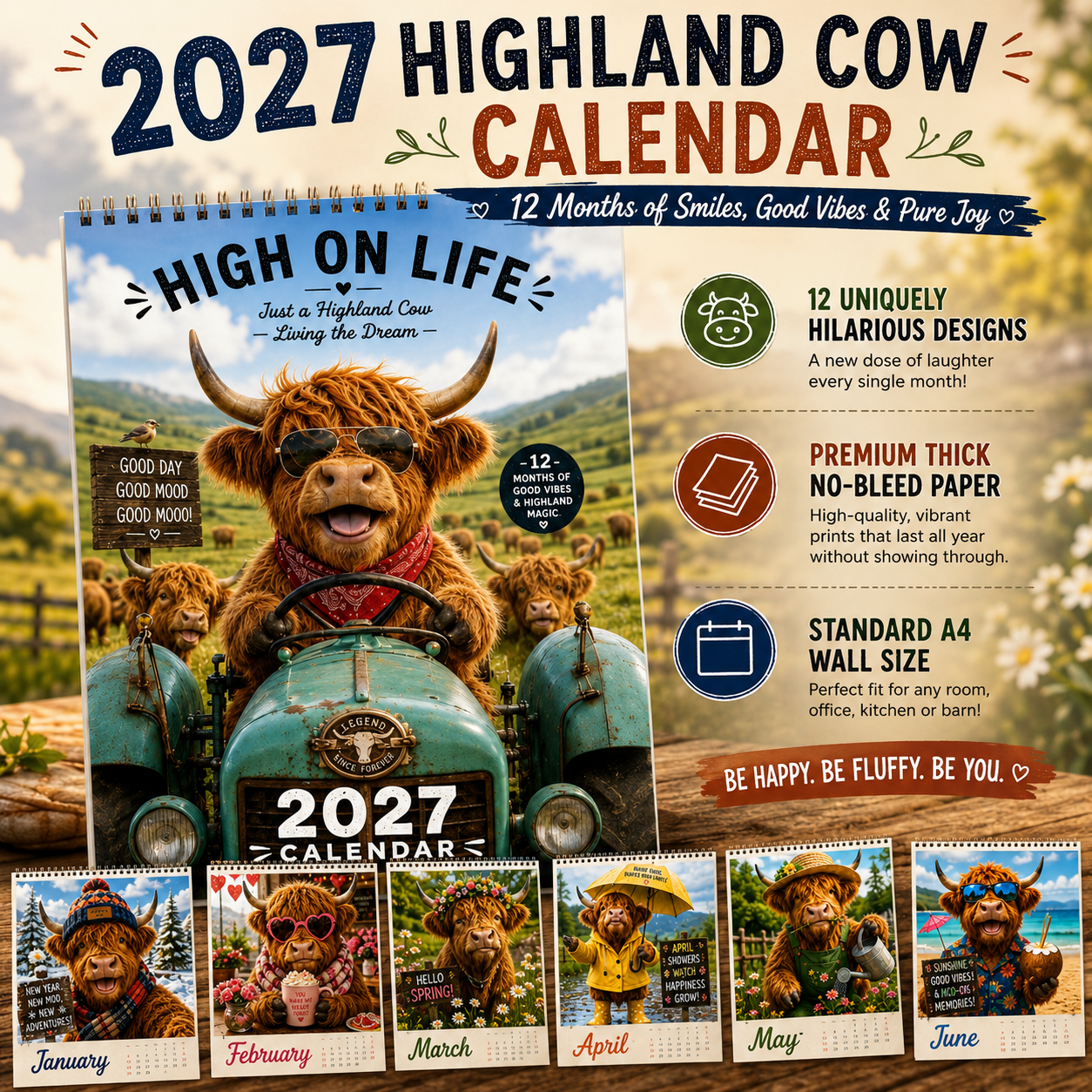 2027 Funny Highland Cow Wall Calendar | A4 Hanging Calendar