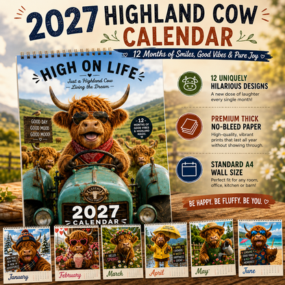 2027 Funny Highland Cow Wall Calendar | A4 Hanging Calendar