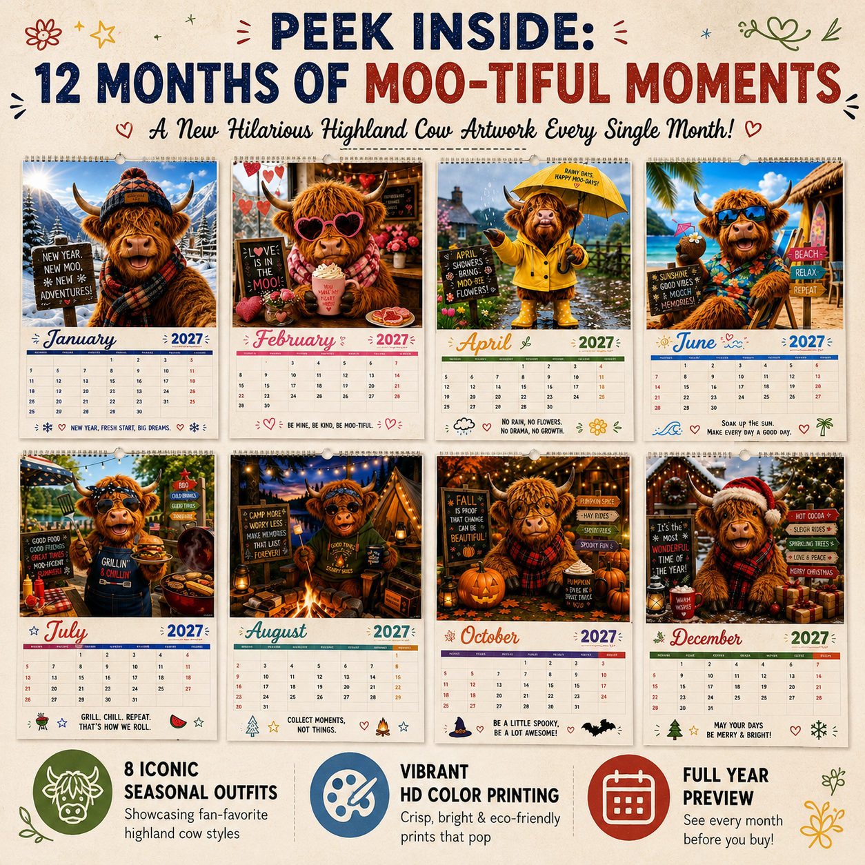 2027 Funny Highland Cow Wall Calendar | A4 Hanging Calendar